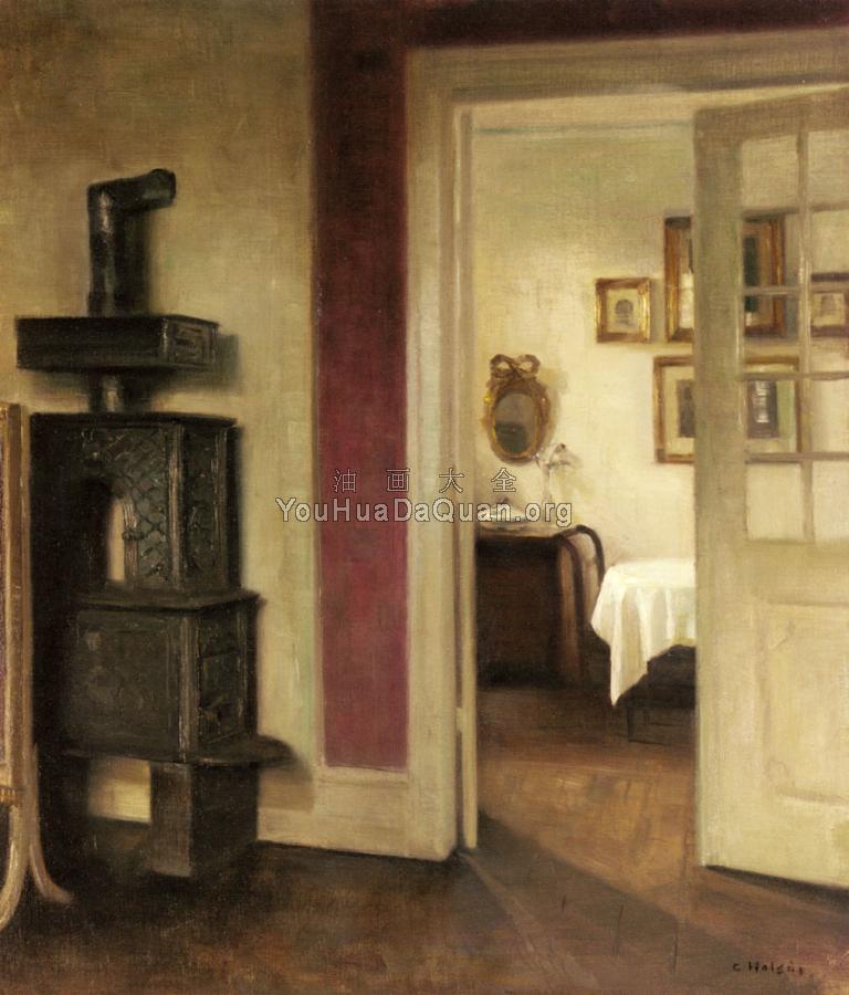 An Interior with a Stove and a View into a Dining Room - 卡尔·霍尔索